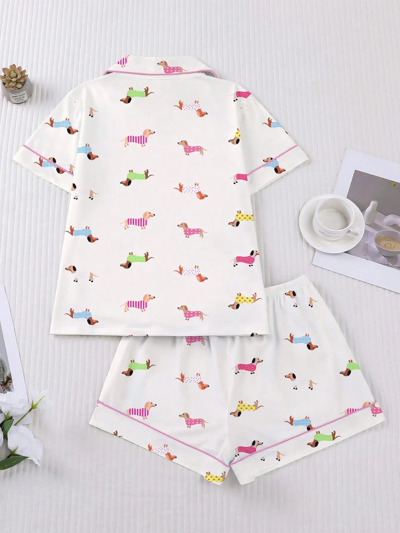 2pcs Women's Pajama Set, Dachshund Puppy Print, Women's Loungewear, Spring/Summer Holiday Outfit, Short Sleeve Lapel Top And Shorts Set Suitable For Outdoor Wear