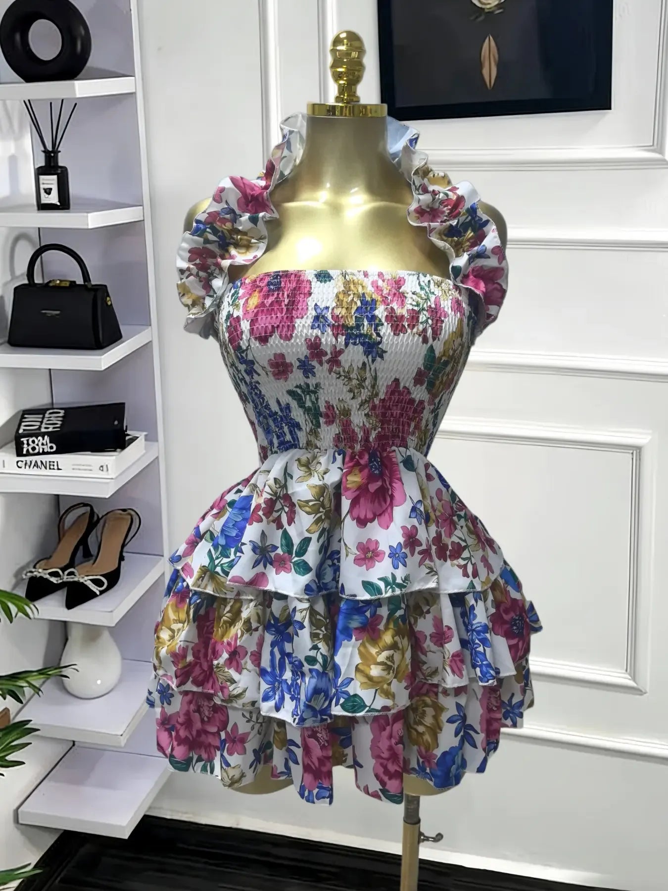 Elegant Women Sweet Sexy Club Party Outfit Dress, Women's Floral Print Backless Strapless Layered Ruffle Mini Prom Dress,Lady Casual Dresses,Female Brunch Dresses,Graduation Dress, Floral Evening Dress