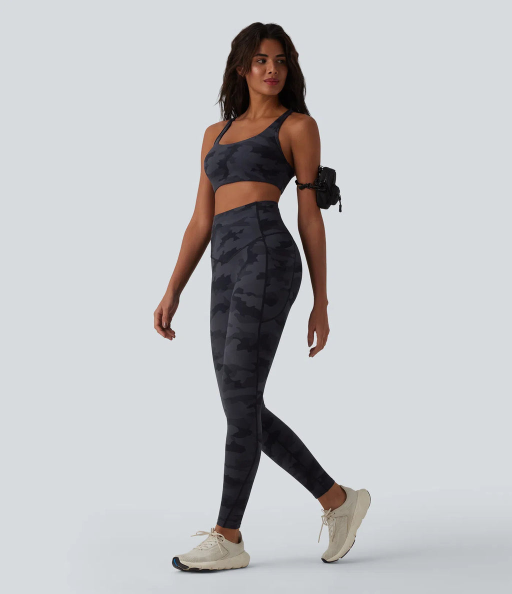 UltraSculptTM Camo Print High Waisted Tummy Control Running Leggings with Pockets