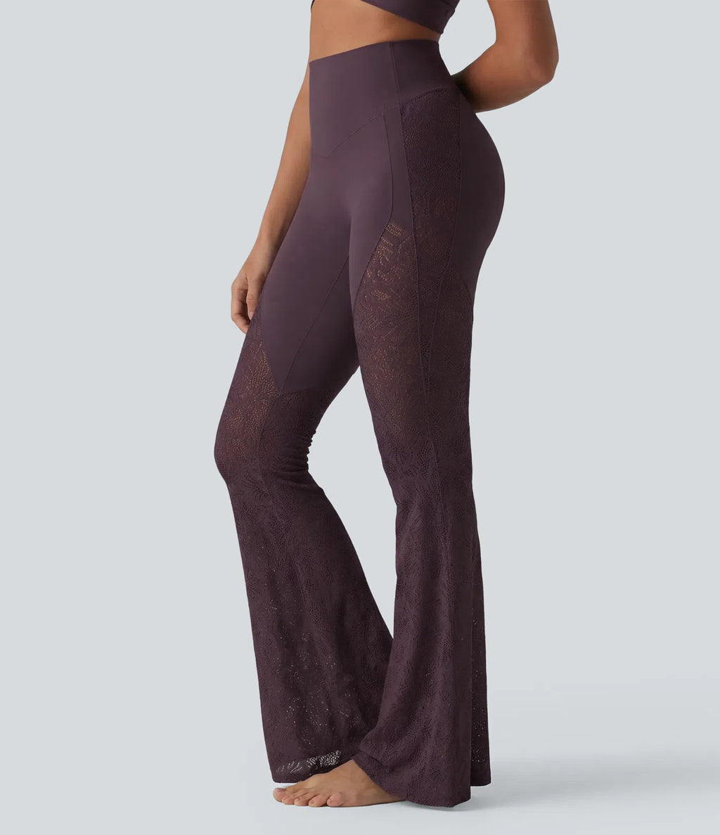 UltraSculptTM High Waisted Tummy Control Contrast Lace Yoga Flare Leggings with Pocket