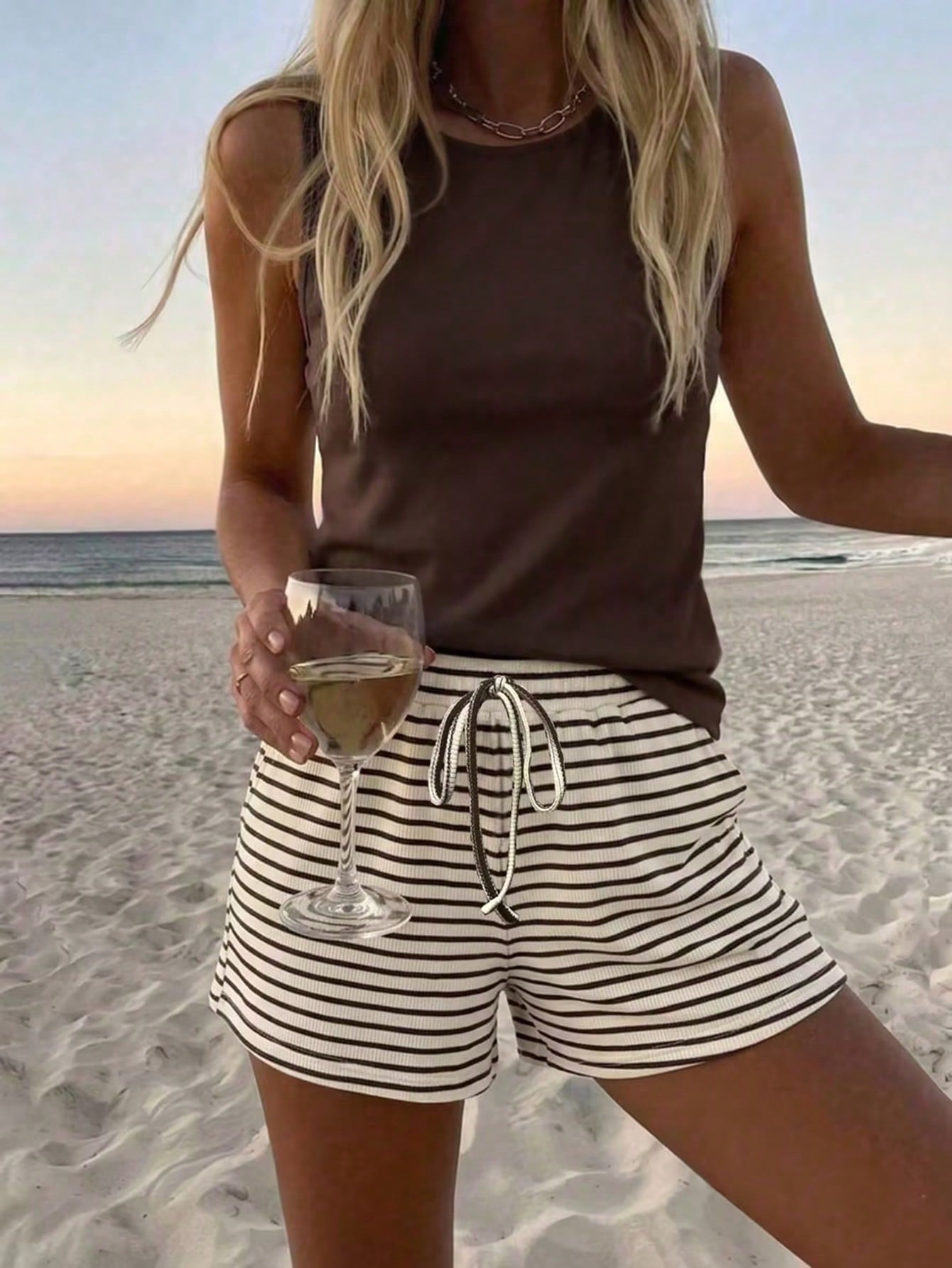 LUNE Women's Casual Brown Striped 2 Pieces Set,Sleeveless Tank Top & Shorts,Summer Beach Holiday Outfits,Comfortable Matching Sets,Vacation Outfits Women