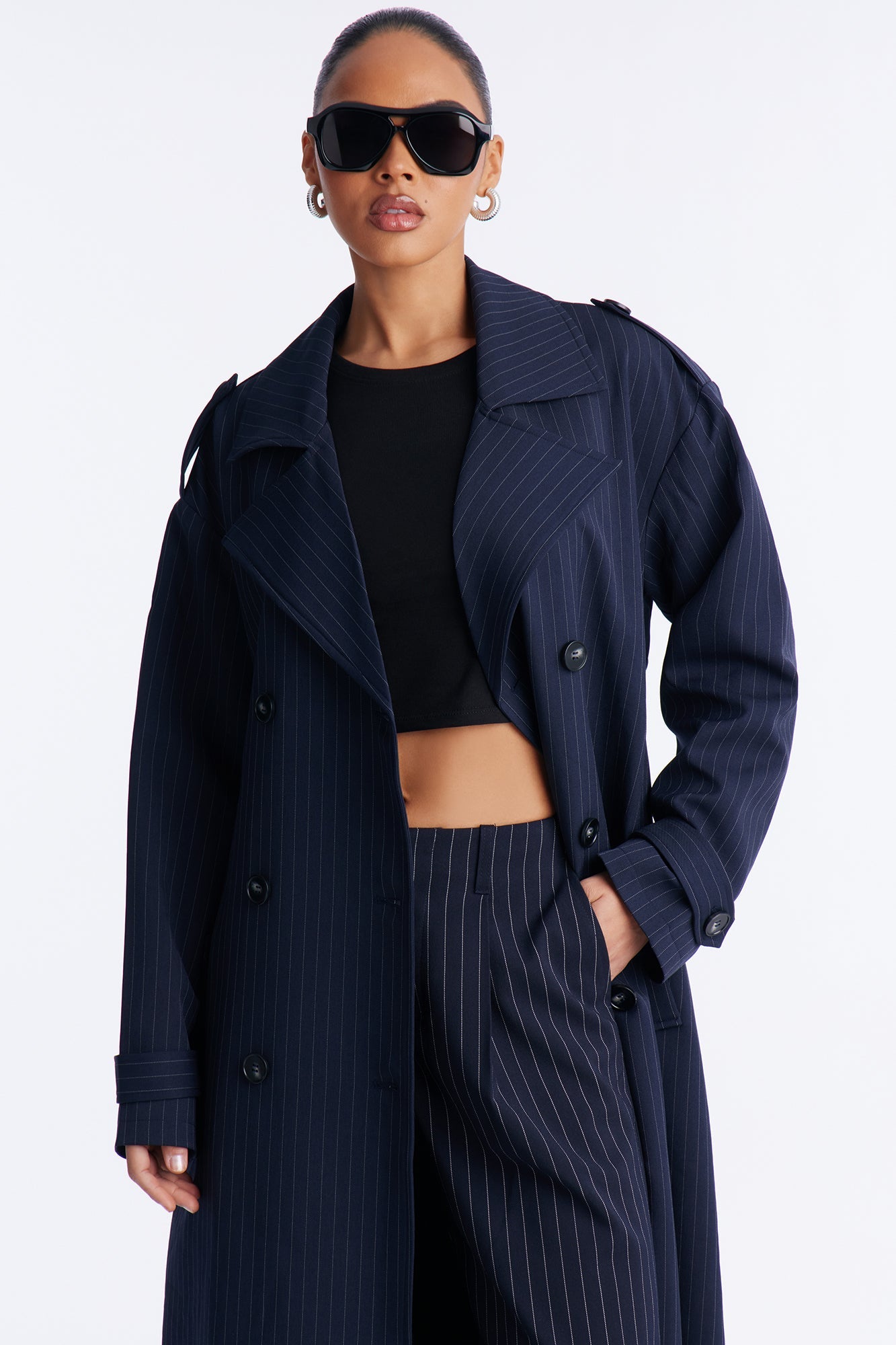 Elorea Belted Pinstripe Trench Coat - Navy/combo