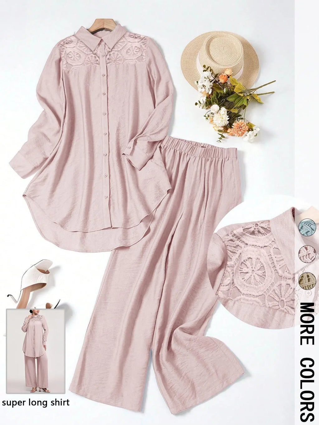 Women's Casual Two-Piece Set, Hollow-Out Top and Loose-Fit Pants