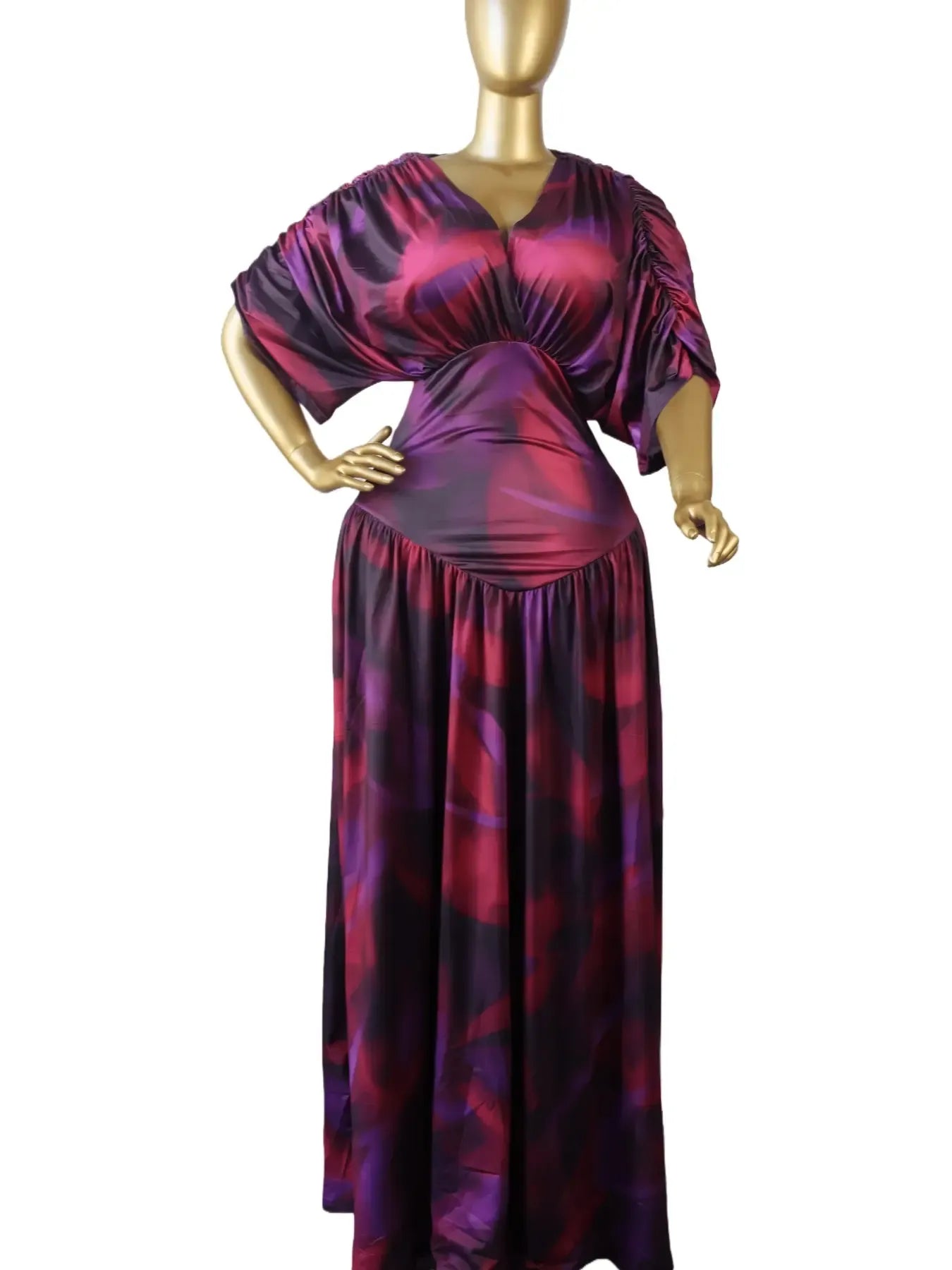 Women's Lady Tie-Dye Print V-Neck Batwing Short Sleeve Maxi Dress, Womenswear Autumn Birthday Party Vacation Gown, Sexy Evening Dress, Elegant Dress, Pleated A-line Trendy Floor Length Dresses, Streetwear Beach Clothing