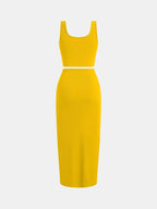 YOZY Solid Ribbed Crop Tank Top & Twist Split Skirt Set, Elegant Square Neck Sleeveless Top & High Waist Bodycon Skirt, 2024 Women's Summer Outfits for Party, Holiday, Vacation