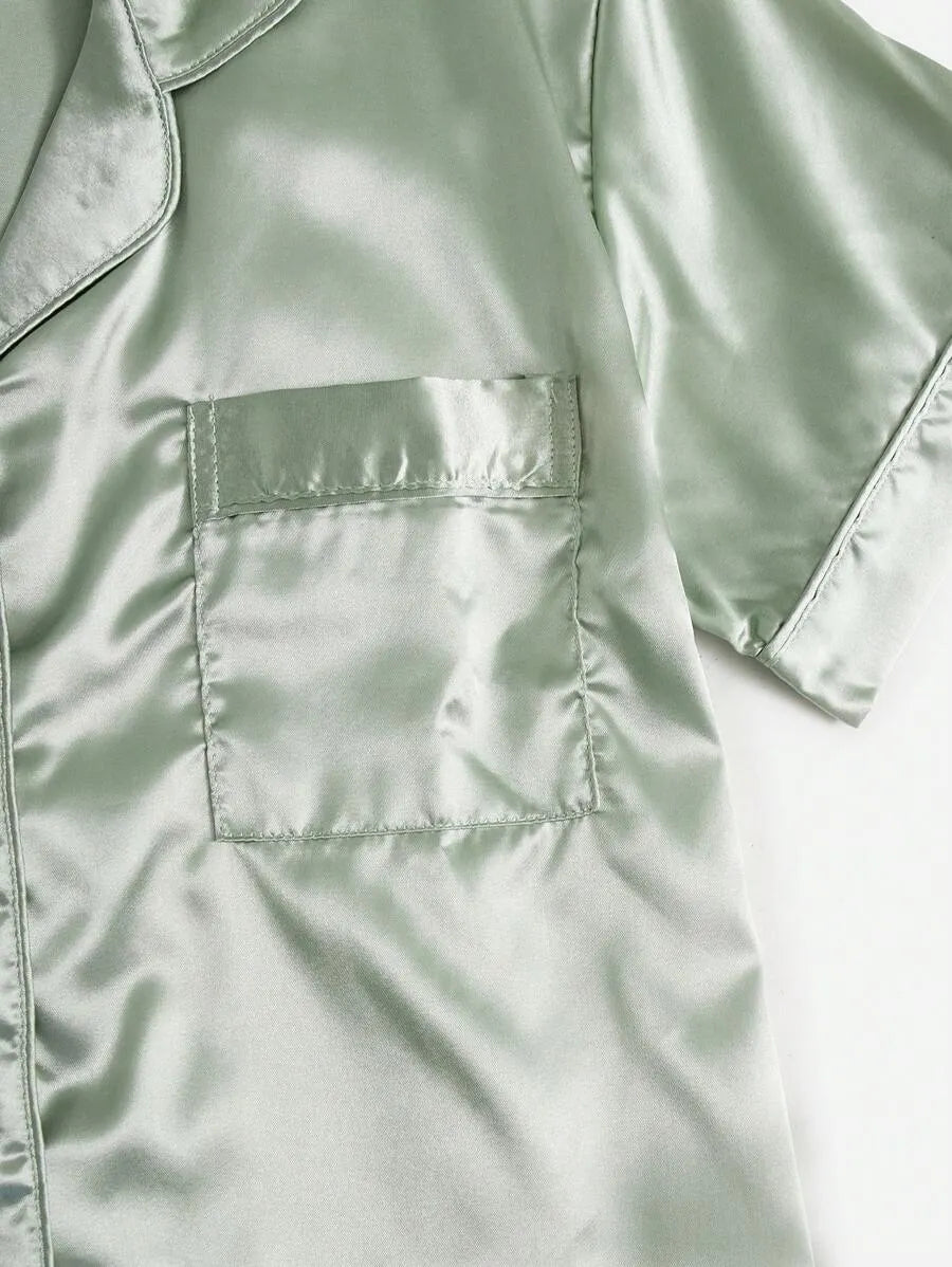 3sets Contrast Piping Satin Blouse & Shorts PJ Set / Pajama Set