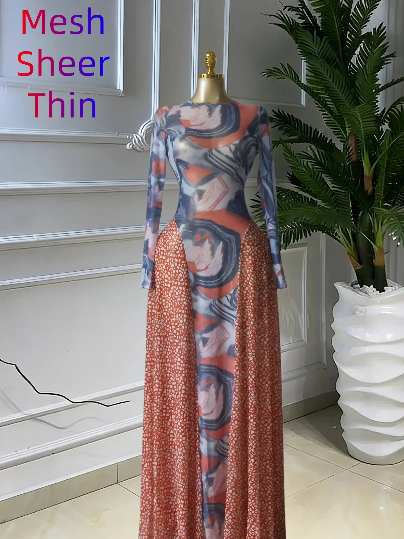 Elegant Chic Women's O-neck Long Sleeve Big Swing A-line Formal Prom Dress, Evening Formal Wear, Sexy Party Outfit Evening Gown, Street Beach Summer Vacation Maxi Sheer Print Dress, Female Fashion Music Festival Dress,Lady Cocktail Skirt