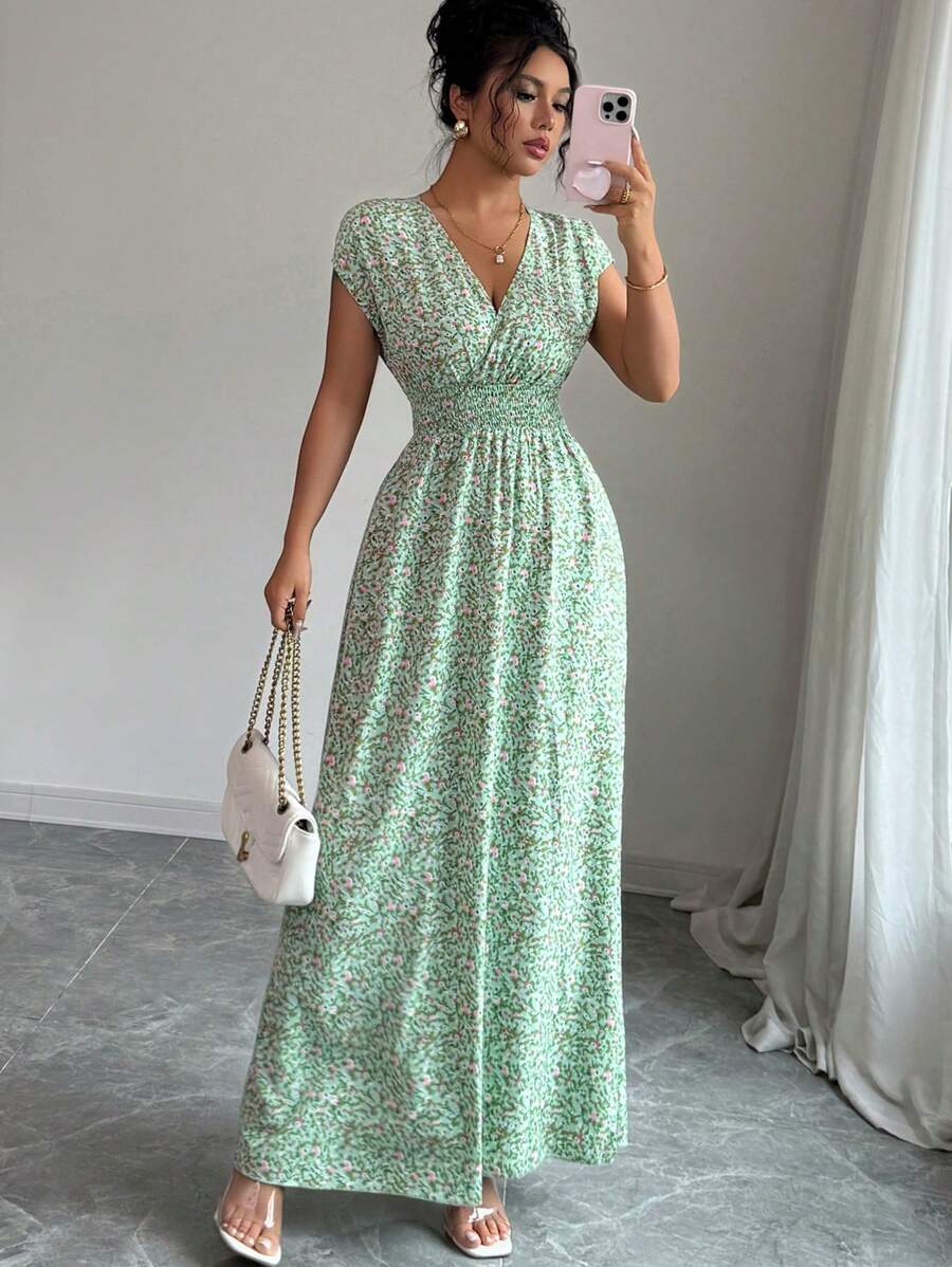 Elenzga Women V-Neck Allover Print Casual Long Dress