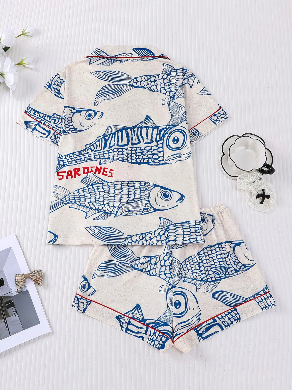 Women's Sleepwear Set, Short Sleeve Button-Up Soft Top & Elastic Shorts