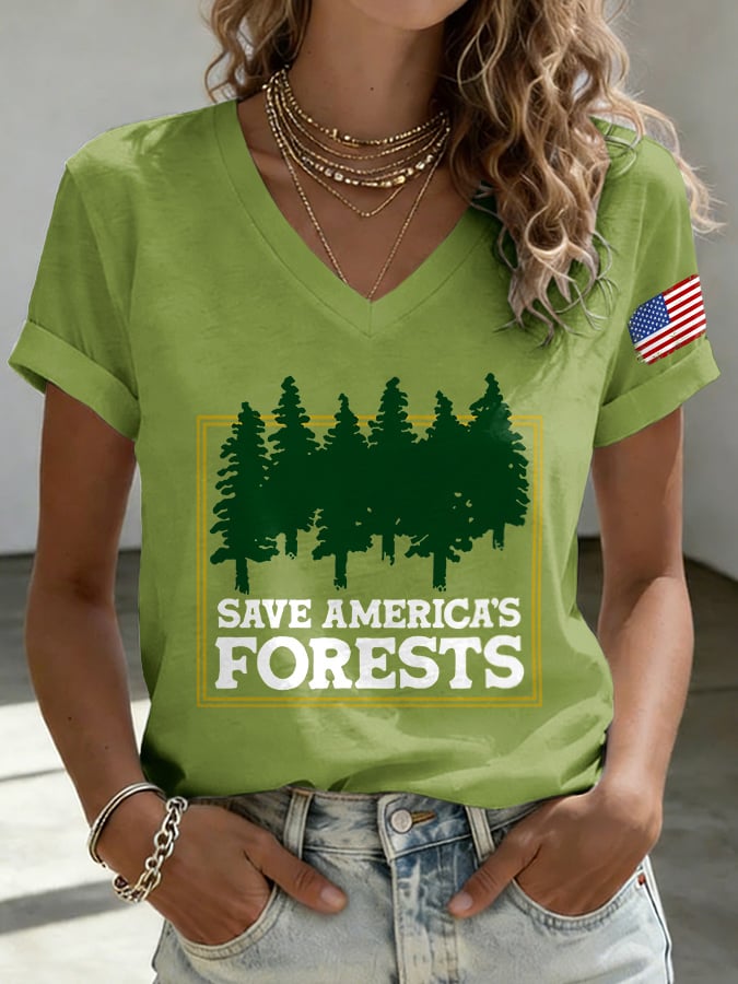 V-Neck Retro Save America's Forests Print T-Shirt