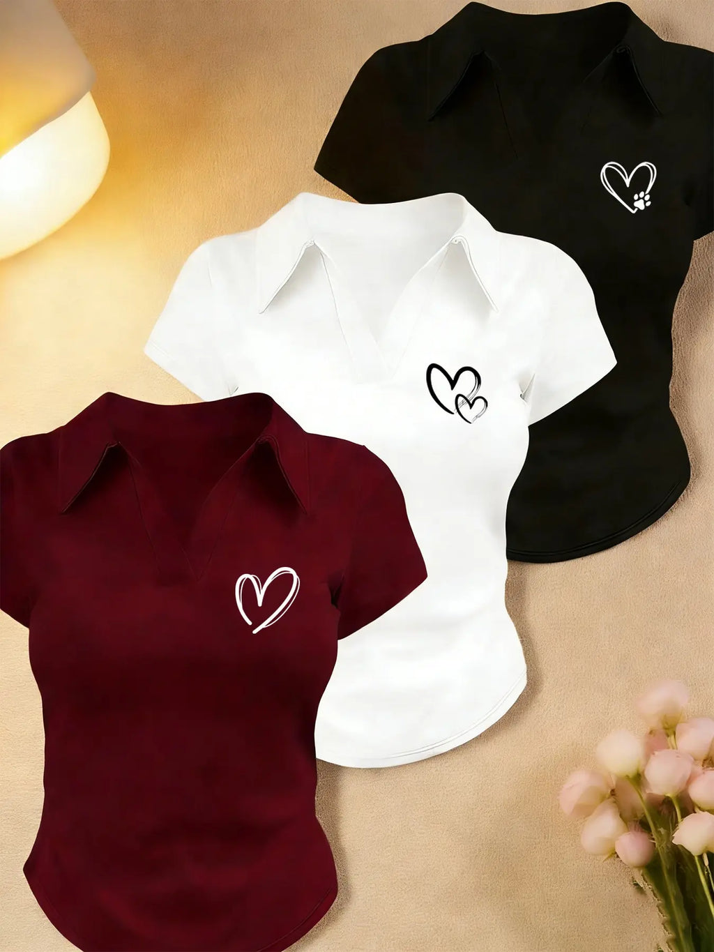 Women's 3 Pack Heart Graphic Polo Shirts, Short Sleeve V Neck Slim Fit Crop Tops, Soft Stretchy Y2K Aesthetic Tees, Casual Going Out Daily Wear for Teens, Juniors & Young Adults