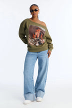 Tupac Motorcycle Off Shoulder Lounge Sweatshirt - Dark Olive