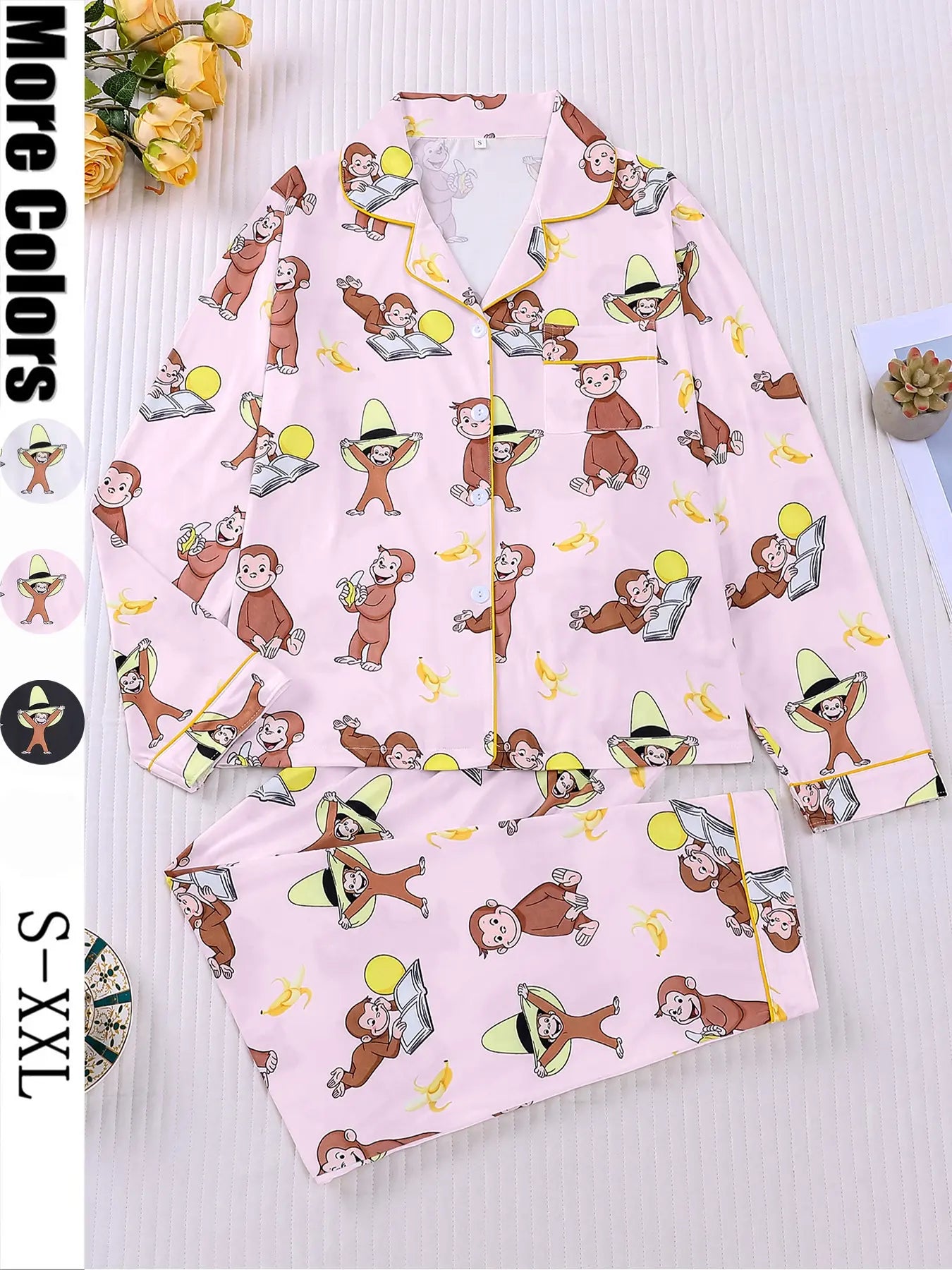 Women's Monkey Banana Print Pajama Set Pyjamas Pjs