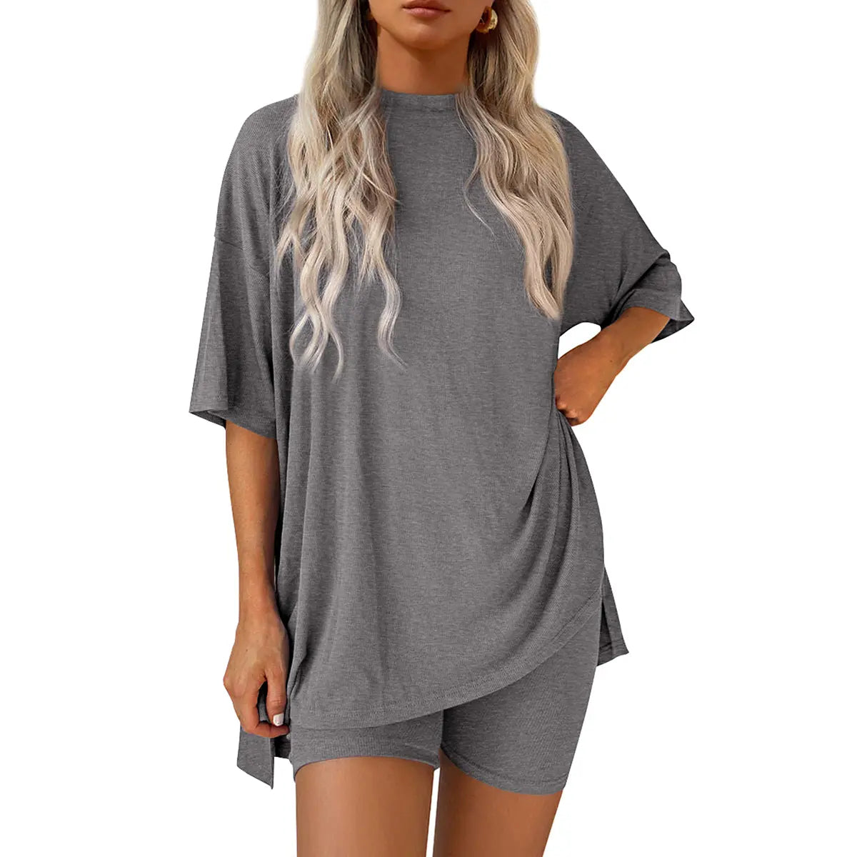 Women Summer  Casual Oversized  Split Hem Shirts & Side Pocket Biker Shorts