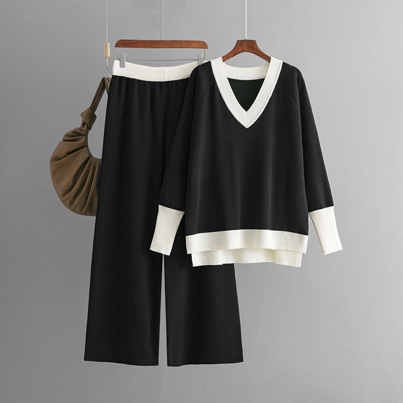 Casual V-Neck Contrast Top & Wide-Leg Pants Two-Piece Set