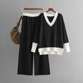 Casual V-Neck Contrast Top & Wide-Leg Pants Two-Piece Set