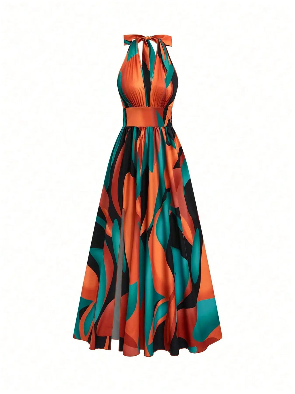 All Over Print Halter Long Dress with Deep V Neck and Split Hem