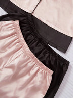LuxeNights 4pcs/Set Faux Silk Lapel Cardigan & Shorts Pajama Set