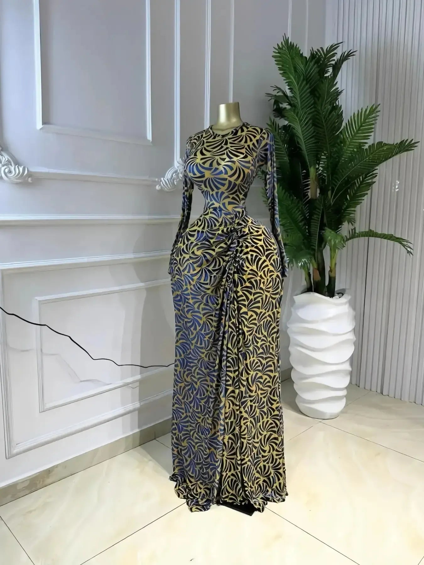 Elegant Women's Print Ruffle Stacked Long Prom Dress, Vacation Birthday Party Outfit Evening Gown, Female Fashion Music Festival Dress, Lady Mesh Sheer Slit Skirt, Evening Dresses