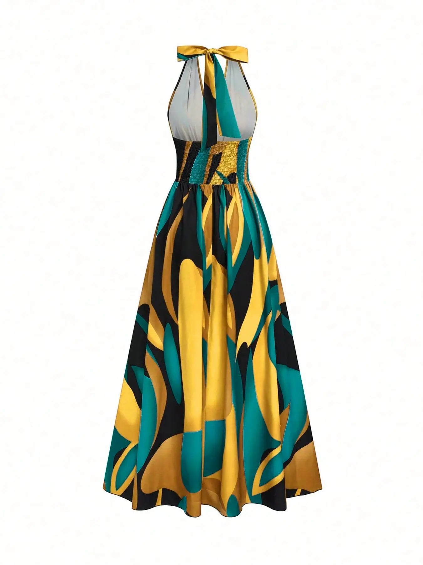 All Over Print Halter Long Dress with Deep V Neck and Split Hem