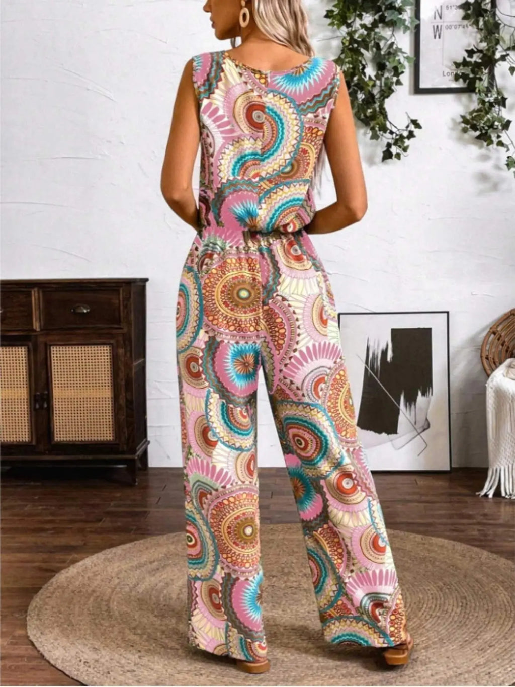 Women's Bohemian Style Sleeveless Jumpsuit, All over Print, Fitted, Casual, Round Neck, Wide Leg, Elastic Waist, Party & Vacation, Boho