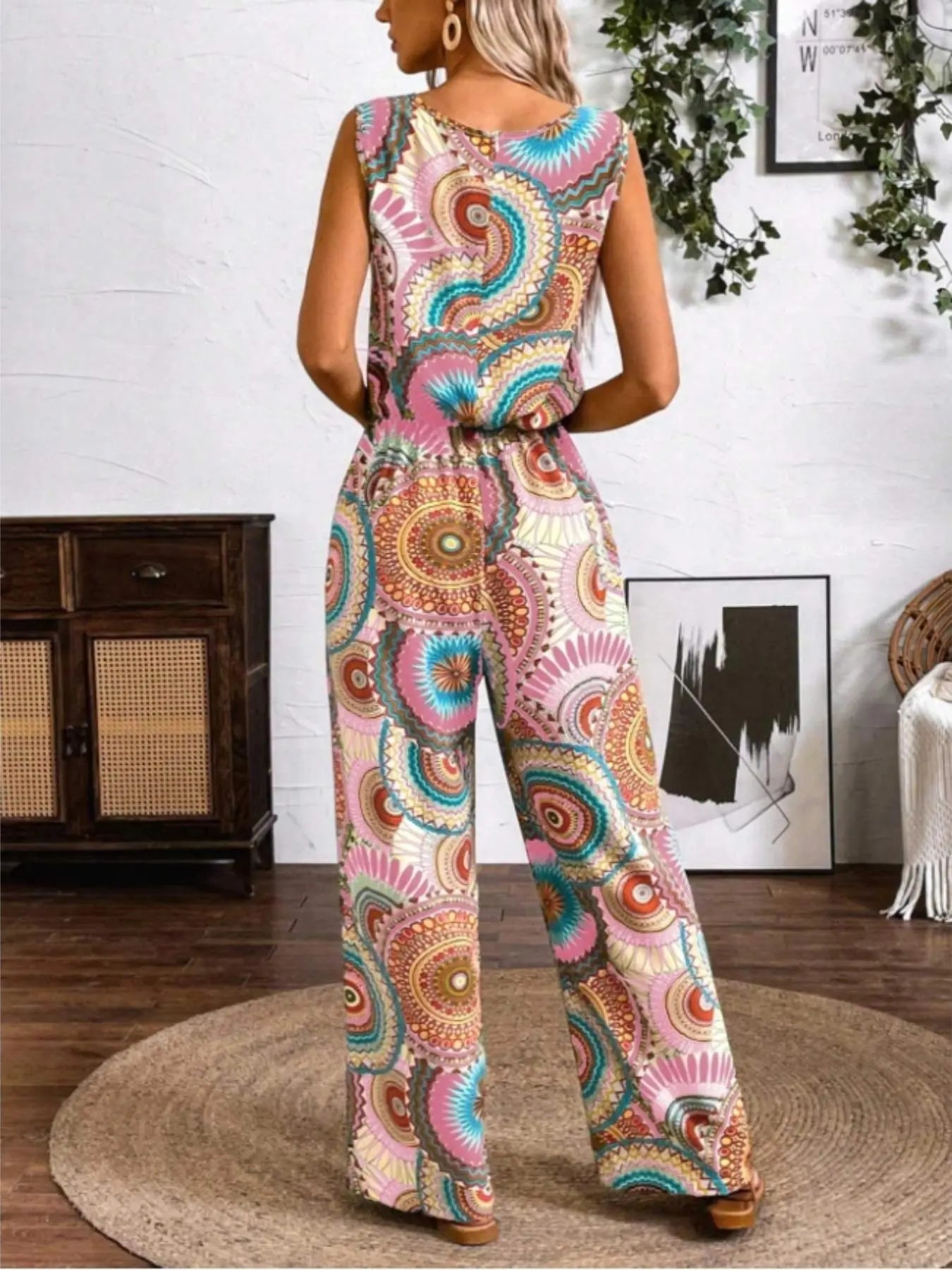 Women's Bohemian Style Sleeveless Jumpsuit, All over Print, Fitted, Casual, Round Neck, Wide Leg, Elastic Waist, Party & Vacation, Boho