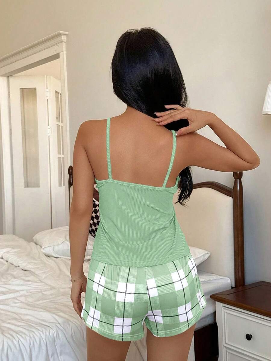 Softscene 2pcs Solid Color Casual Knit Camisole Top & Plaid Print Shorts Pajama Set Gingham Set Red Pajama Set