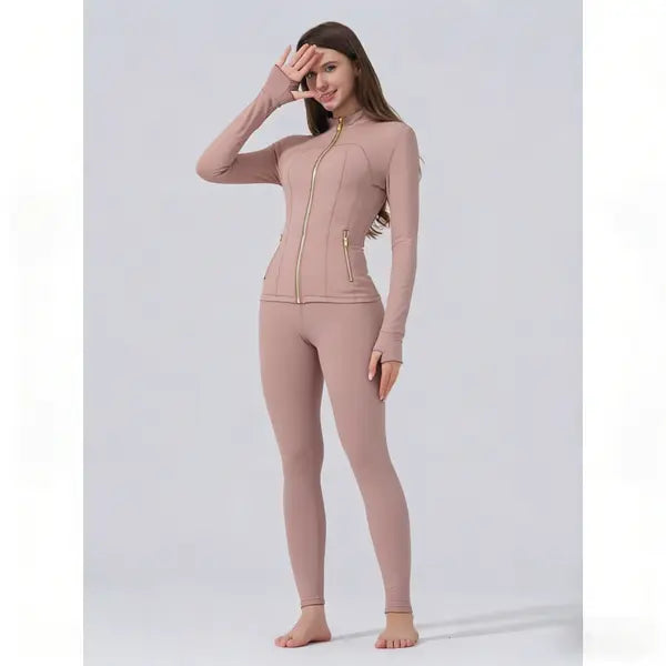 【Golden Zipper】Soft Brushed Women's Sport | Yoga | Quick-dry | Workout Jacket & High Waisted Cropped Leggings. Golden Zipper Jacket with Pockets, Yoga Pants, Thumbholes Design, Casual Slim fit Wear for Women