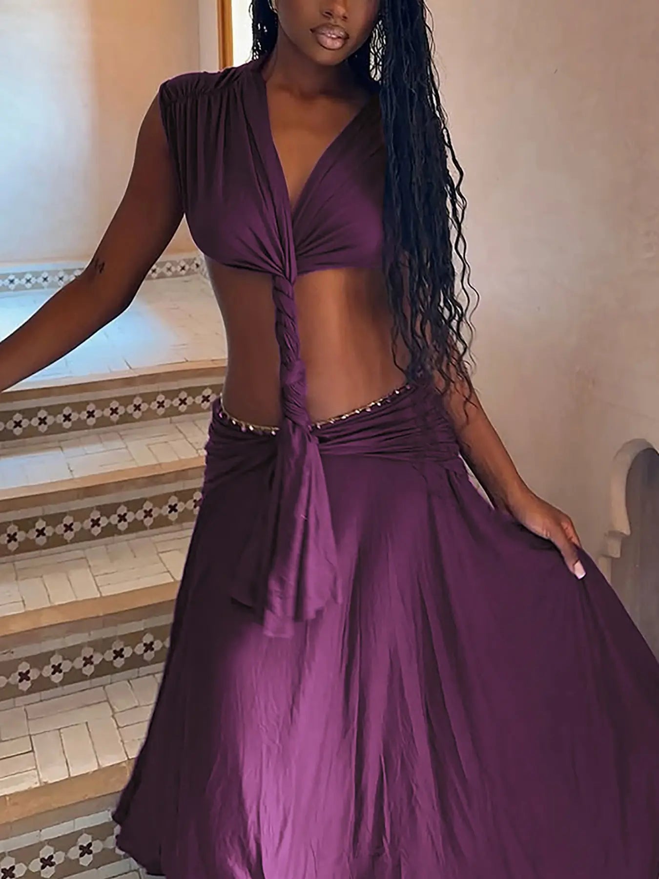 Women's Fashion Solid Color Sexy Sleeveless Low Cut V Neck Dress, Backless Design Party Long Dresses, Cocktail Bodycon Evening Dress, Vacation Casual Lady Clothing Womenswear for Spring Summer New