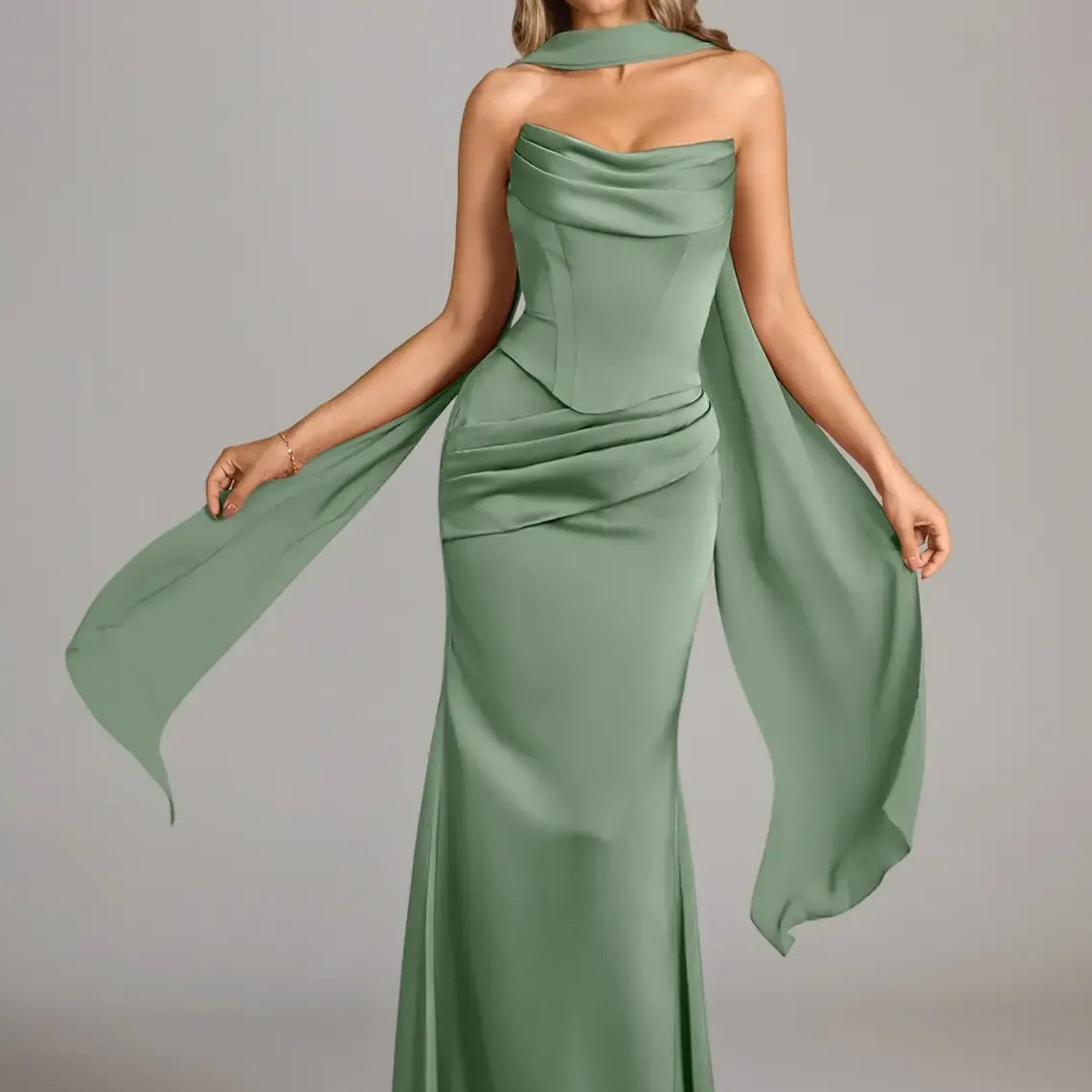 Azazie Sorrel Corset Lace-up Mermaid Wedding Guest Evening Luminous Satin Maxi Dress Minimalist