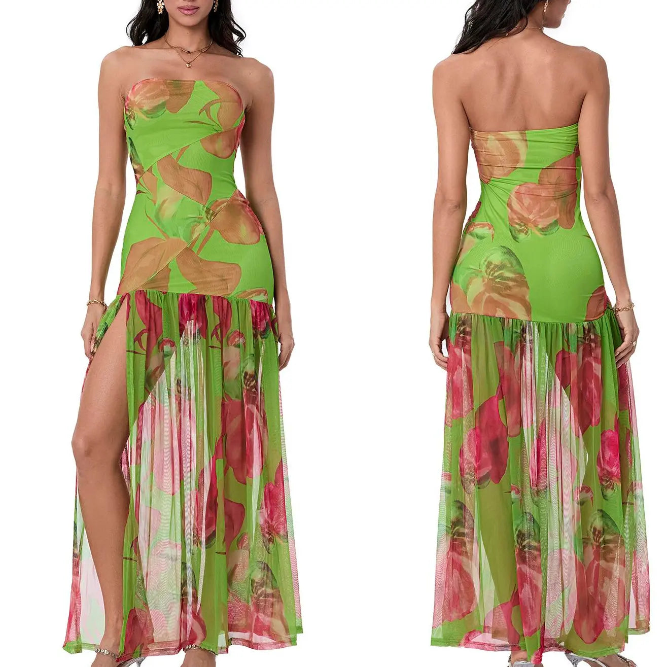 Women's Tube Top DressStrapless Backless Mesh Patchwork Tropical Leopard Print High Slit Long Dress for Party Club Night Polyester