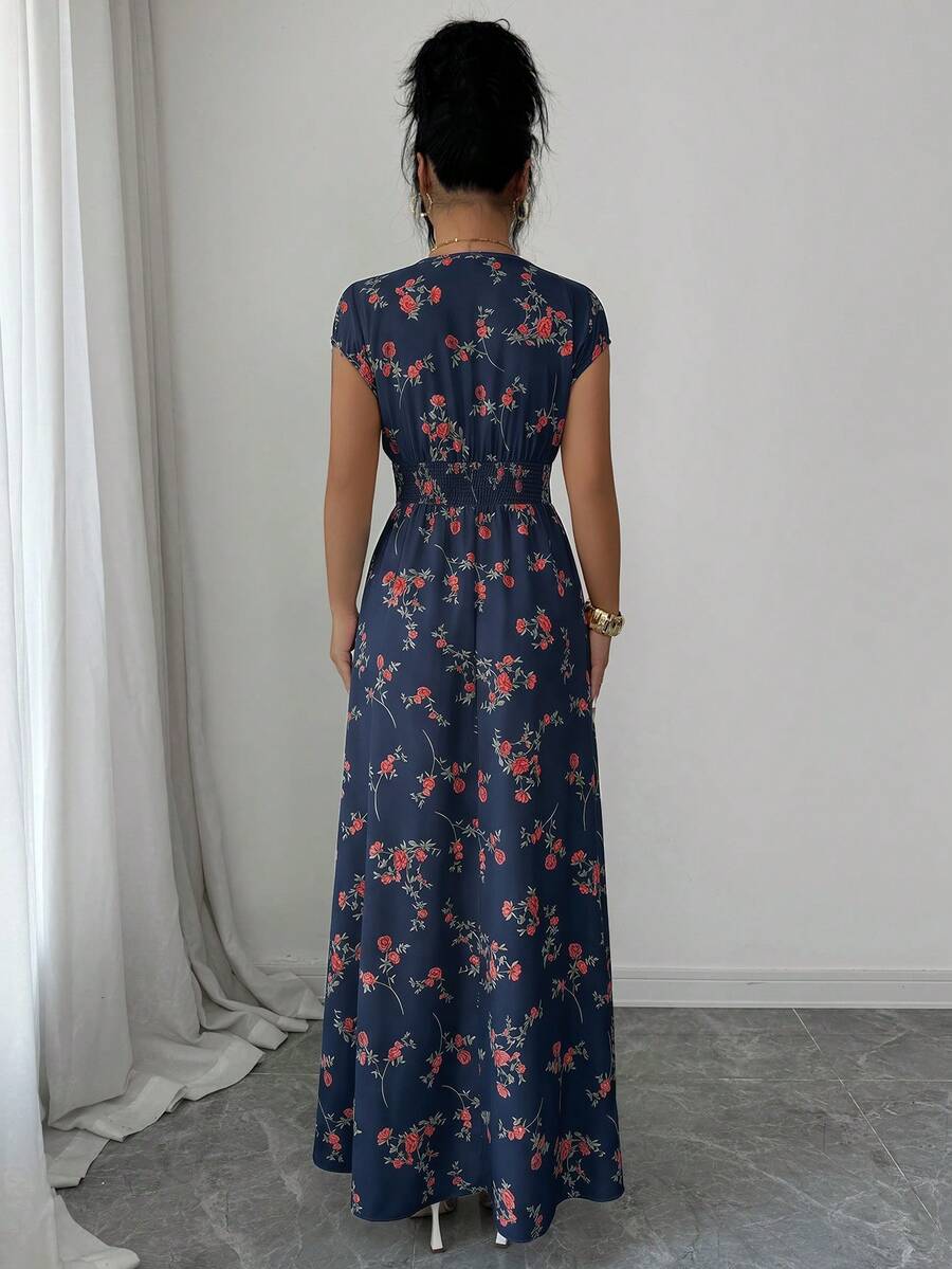 Elenzga Women V-Neck Allover Print Casual Long Dress