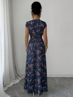 Elenzga Women V-Neck Allover Print Casual Long Dress