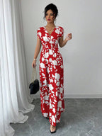 Elenzga Women V-Neck Allover Print Casual Long Dress
