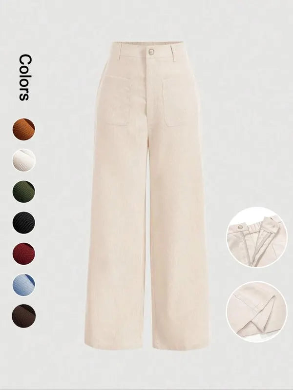 Women's Plain Pocket Button Front Wide Leg Pants, Casual High Waist Trousers for Daily Wear, Ladies Bottoms for All Seasons