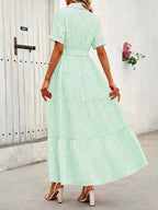 Women's Striped Print Adjustable Belted Button Dress, Elegant Chic Casual Fashion Long Dress for Summer, Breathable Lightweight Dress, Women's Clothing for Daily Wear, Fit, Womenswear, Maxi