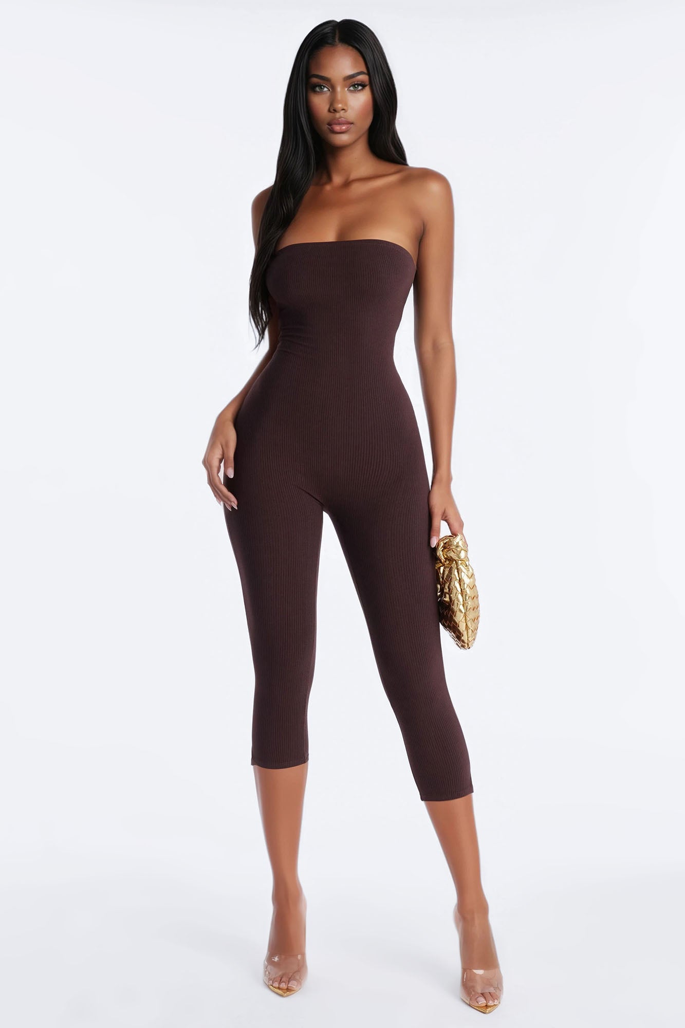 Selena Strapless Snatched Capri Jumpsuit - Chocolate