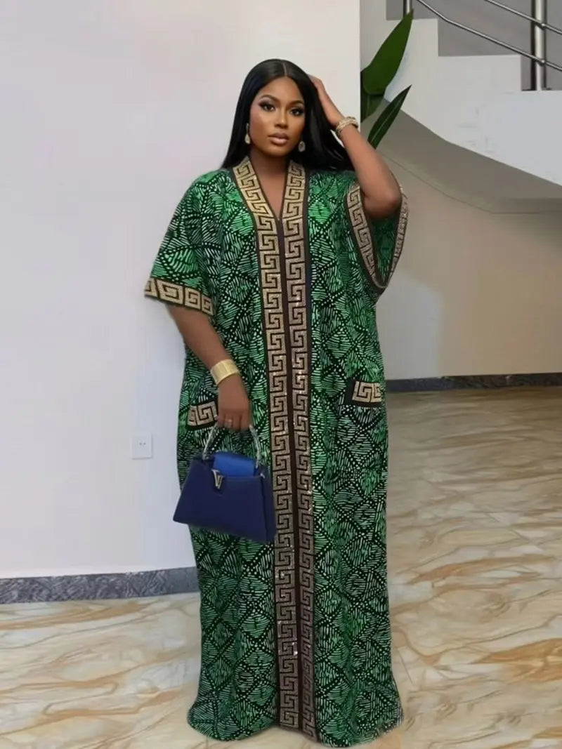 Plus Size African-Style Kaftan Dress for Women, Geometric Print Ethnic Loose V-Neck Boubou with Pockets for Casual Boho Chic Party Wear, Comfortable and Stylish