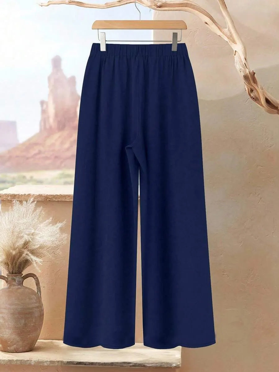 Women 2pcs Set White And Blue Navy Blue Floral Printed Top And Flowing Wide-Leg Pants Autumn Casual Elegant Tea Party Travel Vacation Work Outfits