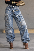 Women's Zippered Pocket Faux Two-piece Loose Jeans