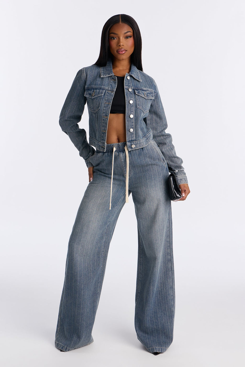 Want No Smoke Pull On Tie Waist Jeans - Vintage Wash