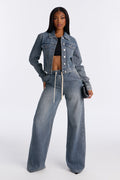 Want No Smoke Pull On Tie Waist Jeans - Vintage Wash