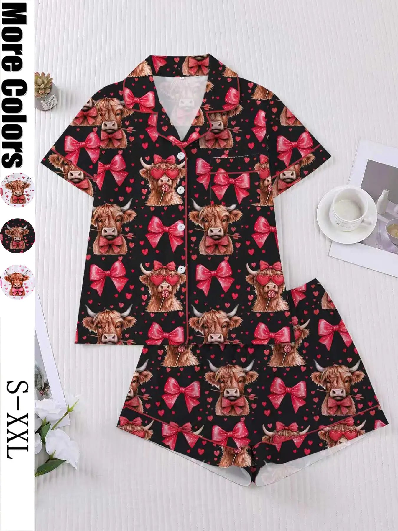 Women's Sleepwear Set, Pajama Set, Pjs, Short Sleeve Button-Up Top & Elastic Shorts