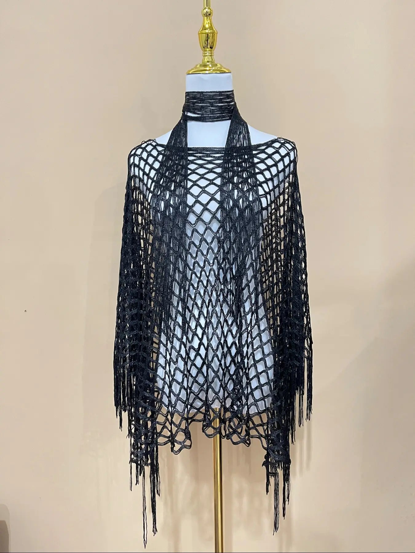 Women's Solid Color Fringe Trim Shawl & Chain Decor Poncho Set, Casual Fashionable Scarf & Cape Set for Daily Wear, Fashion Accessories for Women