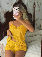CottageSlumber Knitted Rib Fabric, Heart Print Patchwork With Lace Trim, Romantic Sweet Cute Sexy Camisole Women Summer Sets Outfit Pajamas Polka Dot Short Set PJS