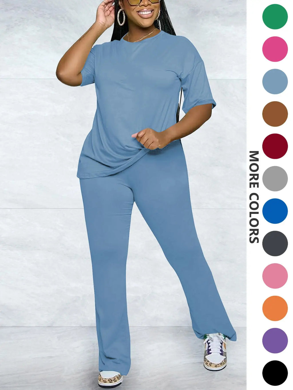 Women's Solid Round Neck Drop Shoulder Fitted Tee & Pants Two-piece Set, Casual Basic Fashion Cozy Half Sleeve T-shirt & Trousers for Daily Outdoor Wear, Women's Clothing for Fall, Casual Loungewear Set