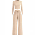 2-Piece Lounge Set – Ribbed Knit Long Sleeve Crop Top & Wide Leg Pants
