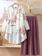 2pcs Women Vintage Floral Loose Fit Round Neck Long Sleeve Top And Pants Set, Suitable For Autumn/Winter Ladies Casual Sets Fall Clothes