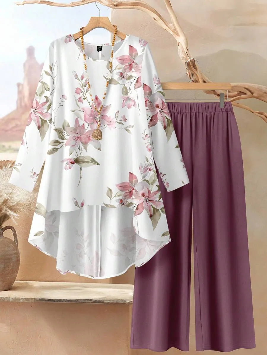 2pcs Women Vintage Floral Loose Fit Round Neck Long Sleeve Top And Pants Set, Suitable For Autumn/Winter Ladies Casual Sets Fall Clothes