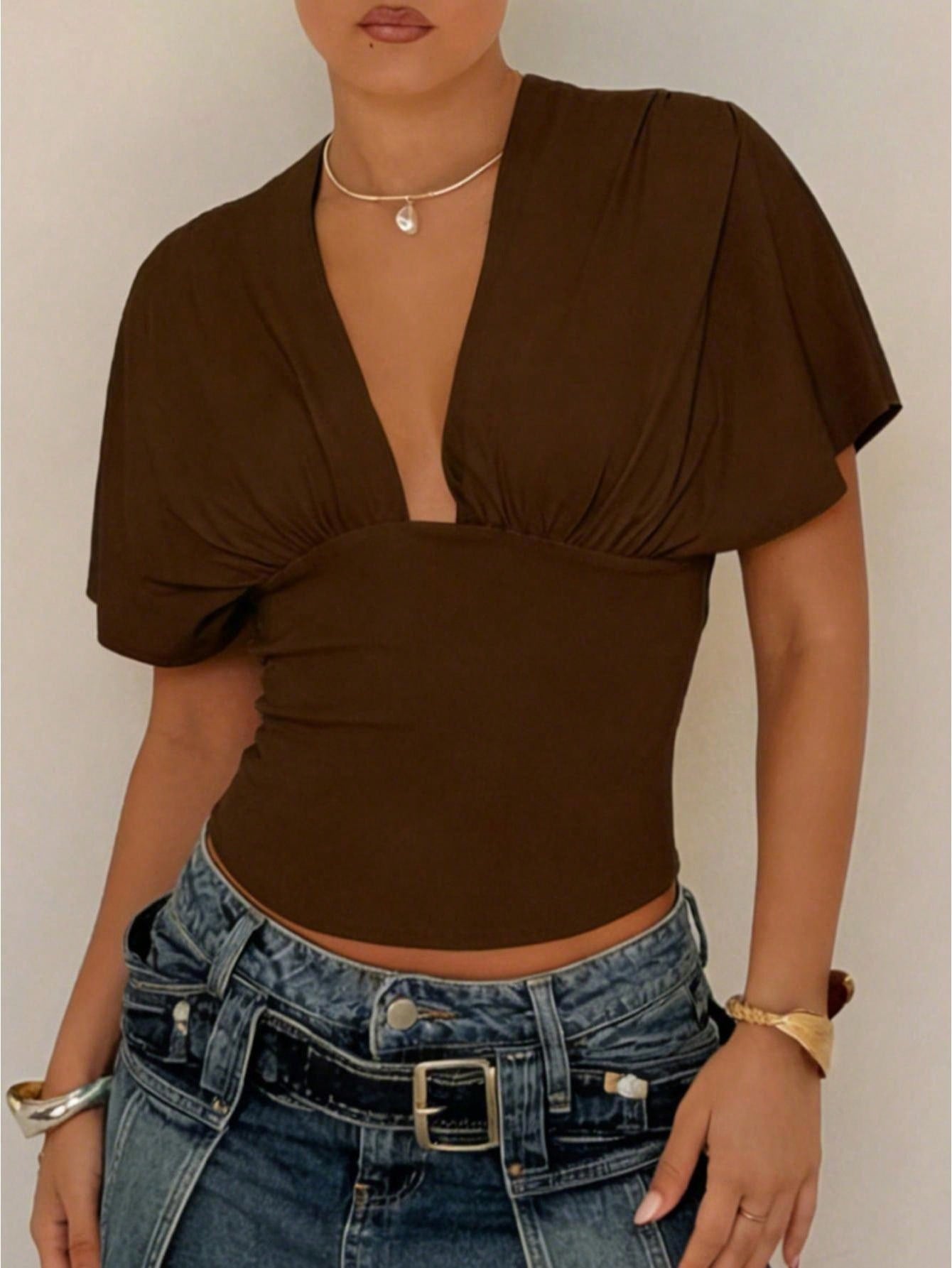 Women's Solid Deep V-Neck Flutter Sleeve Crop Tops Ruched Backless Tie Knot Bodycon Blouse Top